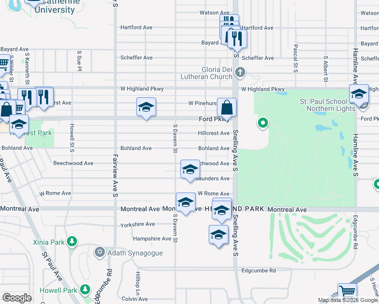 map of restaurants, bars, coffee shops, grocery stores, and more near 1672 Bohland Avenue in Saint Paul