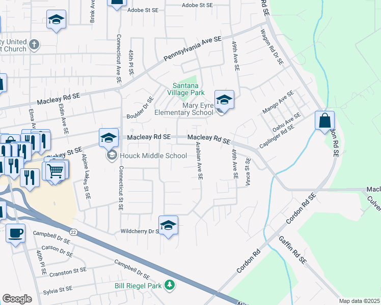 map of restaurants, bars, coffee shops, grocery stores, and more near 4773 Palomino Court Southeast in Salem