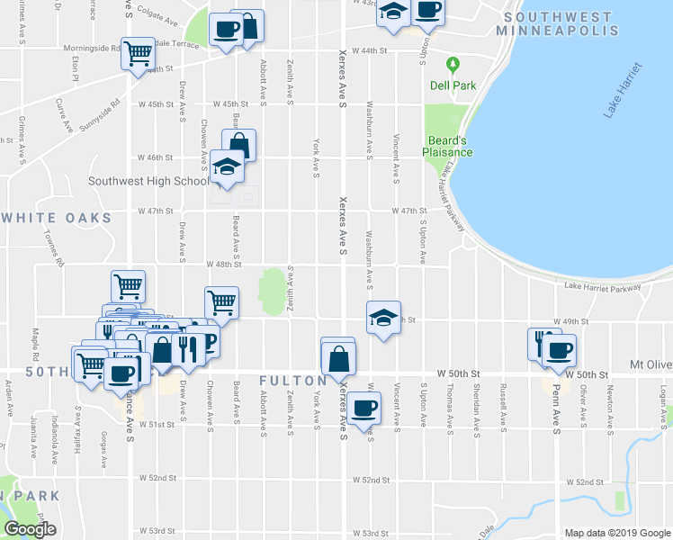 map of restaurants, bars, coffee shops, grocery stores, and more near 4800 Xerxes Avenue South in Minneapolis