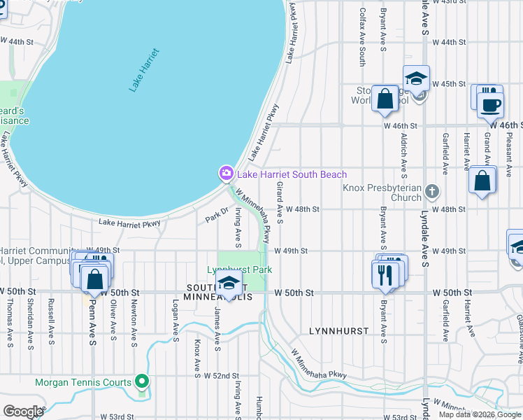 map of restaurants, bars, coffee shops, grocery stores, and more near W Minnehaha Pkwy & W 48th St in Minneapolis
