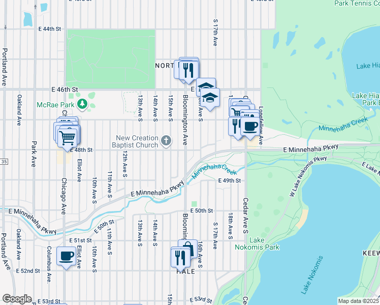 map of restaurants, bars, coffee shops, grocery stores, and more near 4801 Bloomington Avenue in Minneapolis
