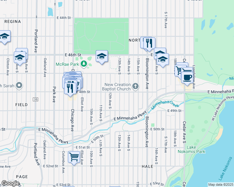 map of restaurants, bars, coffee shops, grocery stores, and more near 4800 13th Avenue South in Minneapolis