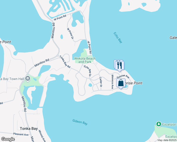 map of restaurants, bars, coffee shops, grocery stores, and more near 60 Echo Bay Drive in Excelsior