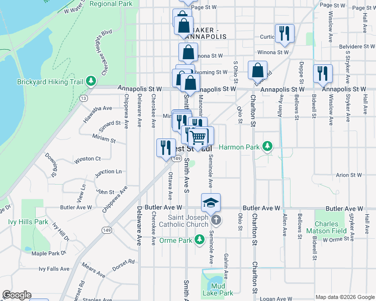 map of restaurants, bars, coffee shops, grocery stores, and more near in West Saint Paul