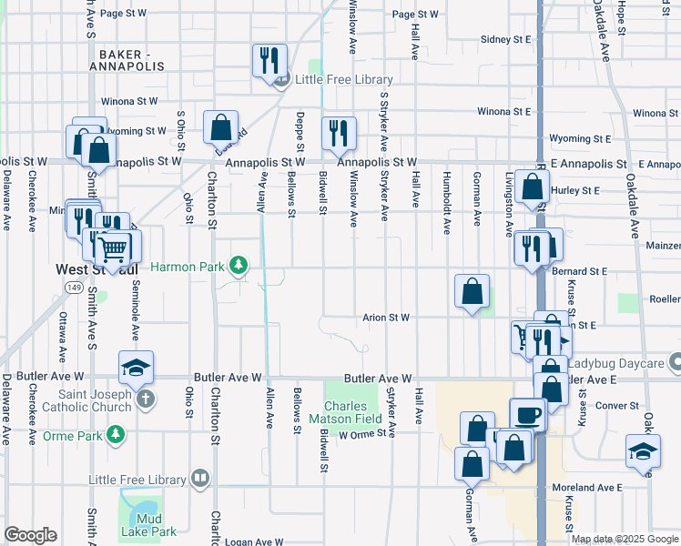 map of restaurants, bars, coffee shops, grocery stores, and more near 110 Bernard Street West in Saint Paul