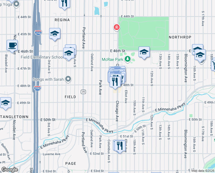 map of restaurants, bars, coffee shops, grocery stores, and more near 4800 Columbus Avenue South in Minneapolis