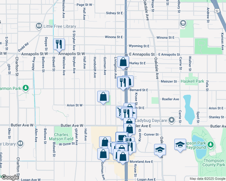 map of restaurants, bars, coffee shops, grocery stores, and more near 60 Bernard Street West in West Saint Paul
