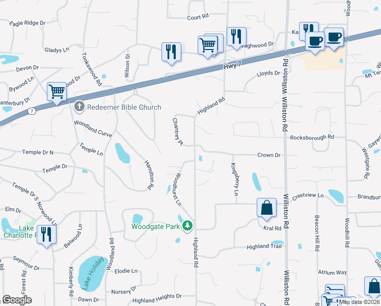 map of restaurants, bars, coffee shops, grocery stores, and more near 15309 Crown Drive in Minnetonka