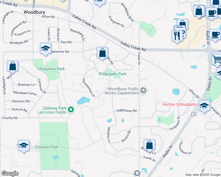 map of restaurants, bars, coffee shops, grocery stores, and more near 2297 Caulfield Plaza in Woodbury
