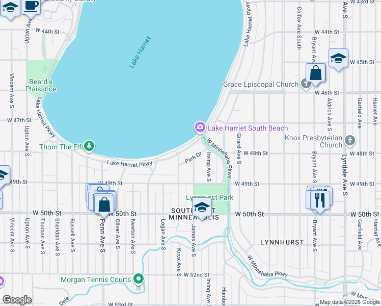 map of restaurants, bars, coffee shops, grocery stores, and more near 4825 East Lake Harriet Parkway in Minneapolis