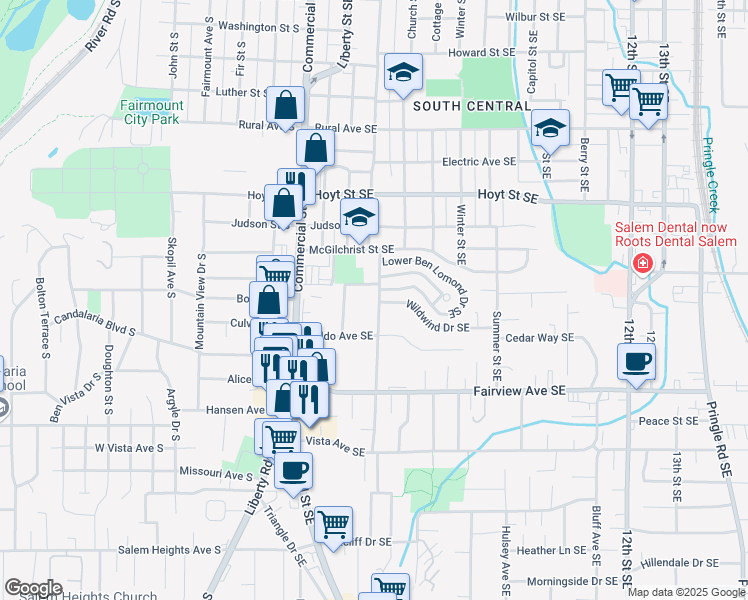 map of restaurants, bars, coffee shops, grocery stores, and more near 2635 High Street Southeast in Salem