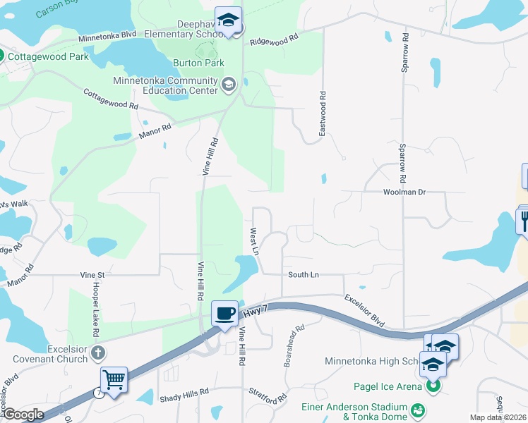 map of restaurants, bars, coffee shops, grocery stores, and more near 4816 Shady Lane North in Minnetonka