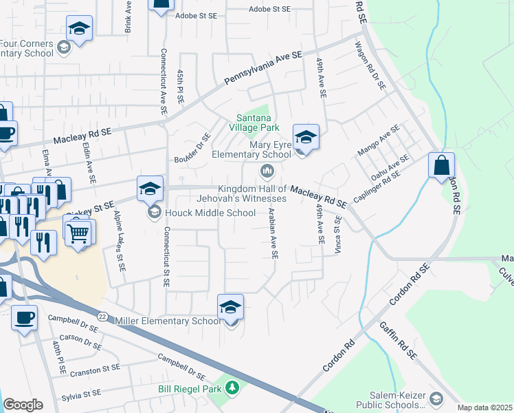 map of restaurants, bars, coffee shops, grocery stores, and more near 4723 Palomino Court Southeast in Salem