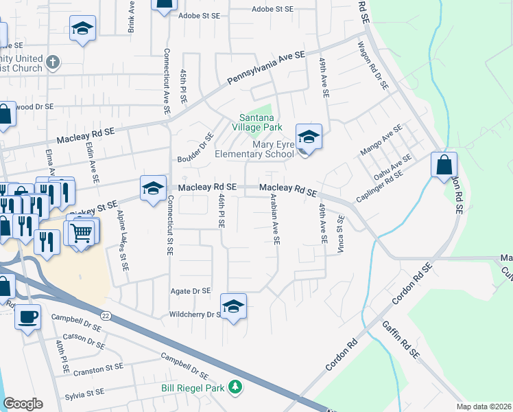 map of restaurants, bars, coffee shops, grocery stores, and more near 4723 Palomino Court Southeast in Salem