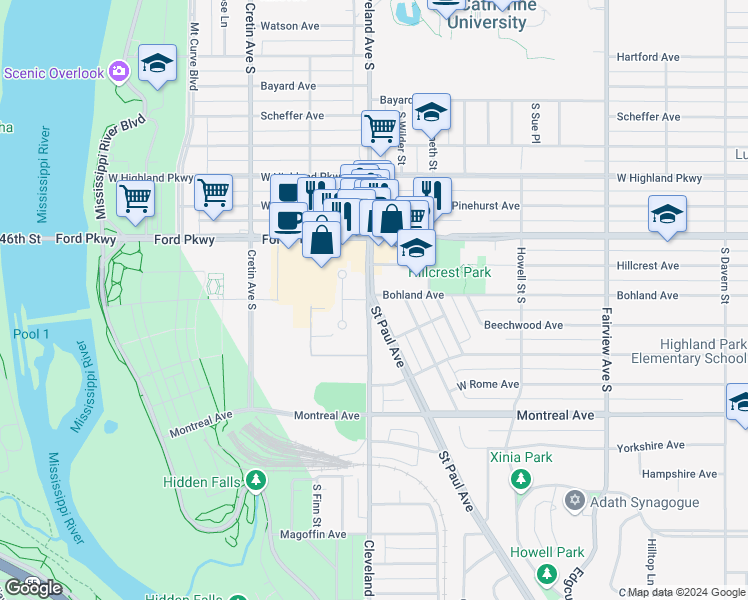map of restaurants, bars, coffee shops, grocery stores, and more near in Saint Paul