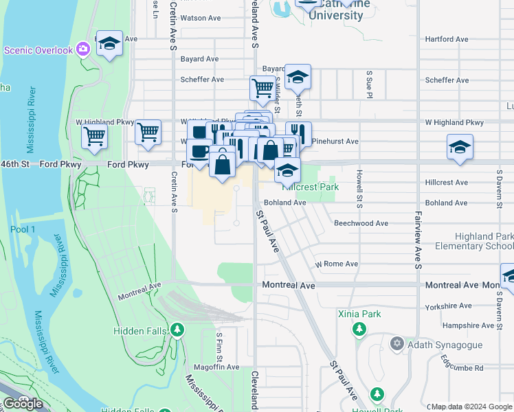 map of restaurants, bars, coffee shops, grocery stores, and more near in Saint Paul