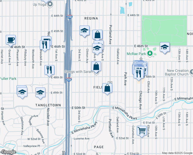 map of restaurants, bars, coffee shops, grocery stores, and more near 389 East 48th Street in Minneapolis
