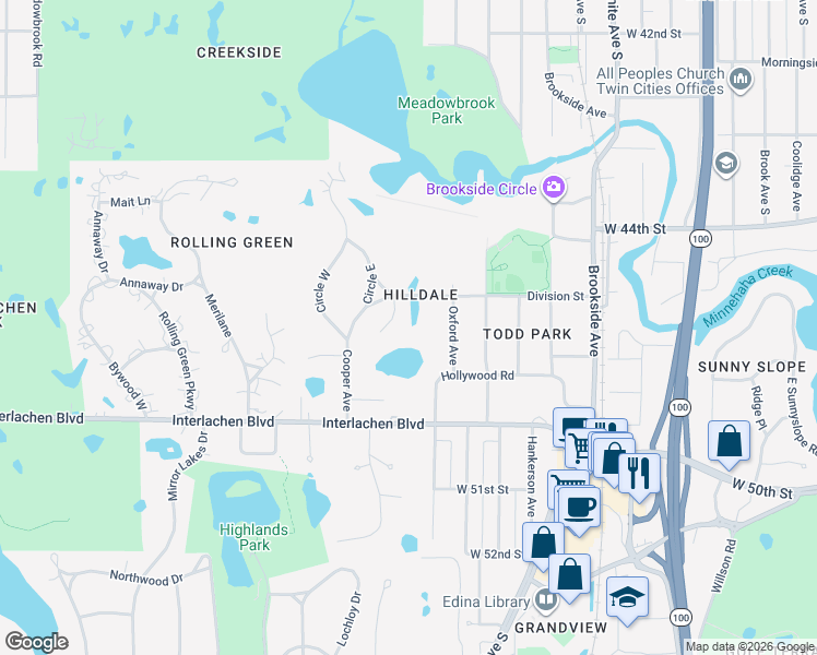 map of restaurants, bars, coffee shops, grocery stores, and more near 4 Spur Road in Minneapolis