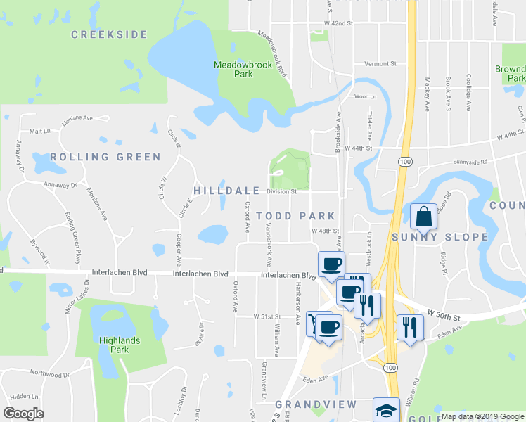 map of restaurants, bars, coffee shops, grocery stores, and more near 4520 Vandervork Avenue in Minneapolis