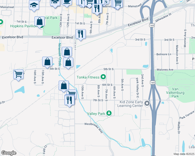 map of restaurants, bars, coffee shops, grocery stores, and more near 800 5th Street South in Hopkins