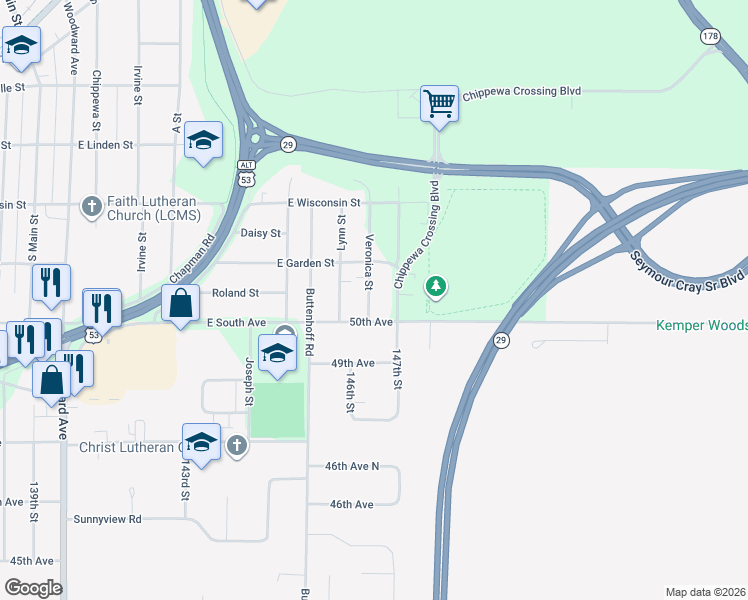 map of restaurants, bars, coffee shops, grocery stores, and more near 855 Veronica Street in Chippewa Falls