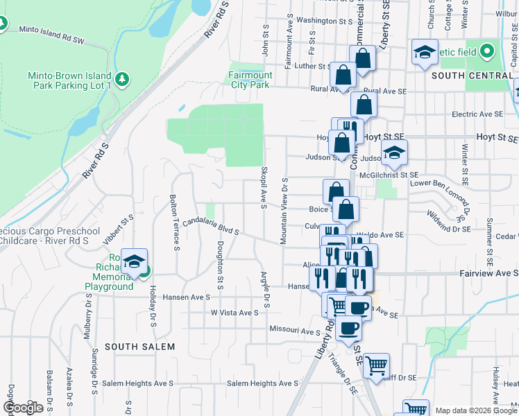 map of restaurants, bars, coffee shops, grocery stores, and more near 2605 Skopil Avenue South in Salem