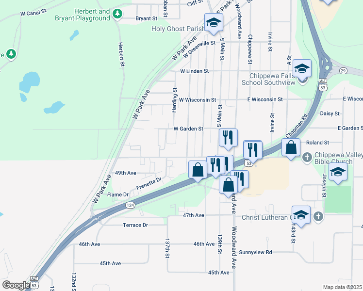 map of restaurants, bars, coffee shops, grocery stores, and more near 832 Wilson St in Chippewa Falls