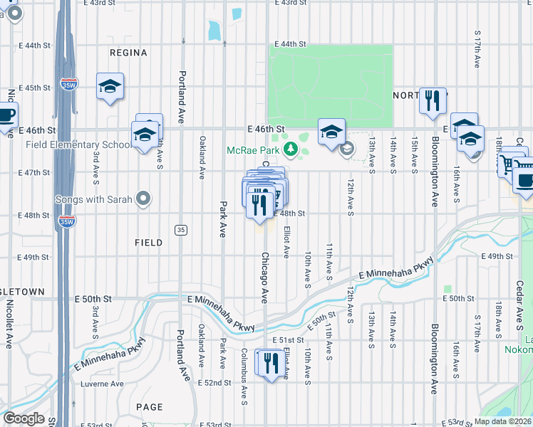 map of restaurants, bars, coffee shops, grocery stores, and more near Chicago Avenue South & East 48th Street in Minneapolis