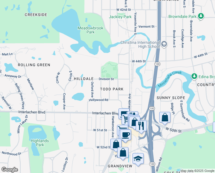 map of restaurants, bars, coffee shops, grocery stores, and more near 4520 Parkside Lane in Edina