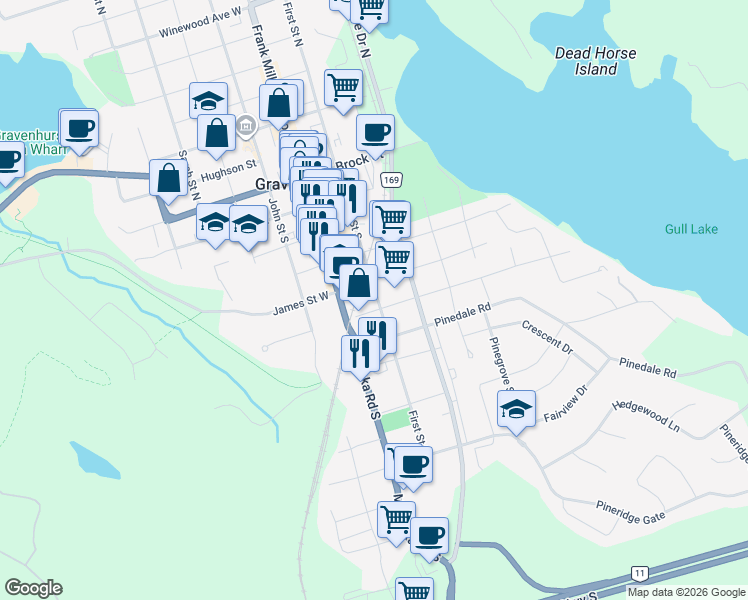 map of restaurants, bars, coffee shops, grocery stores, and more near 575 1 Street South in Gravenhurst