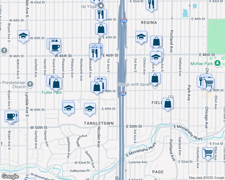 map of restaurants, bars, coffee shops, grocery stores, and more near 4741 East 48th Street in Minneapolis