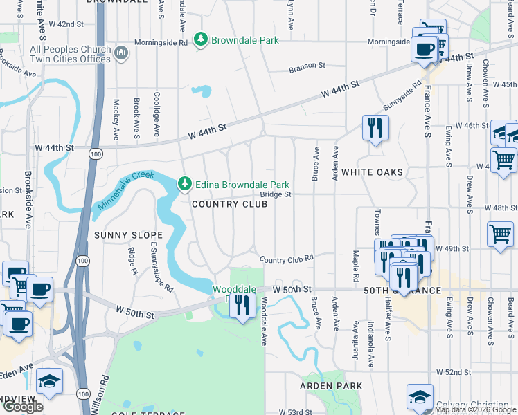 map of restaurants, bars, coffee shops, grocery stores, and more near 4605 Wooddale Avenue in Minneapolis