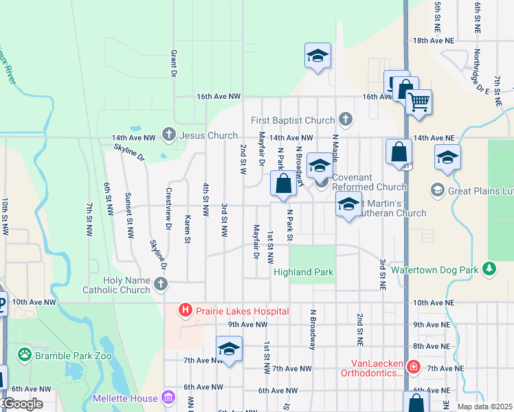 map of restaurants, bars, coffee shops, grocery stores, and more near 1198 Mayfair Dr in Watertown