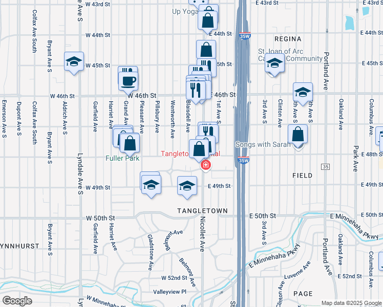 map of restaurants, bars, coffee shops, grocery stores, and more near 4749 Blaisdell Avenue in Minneapolis