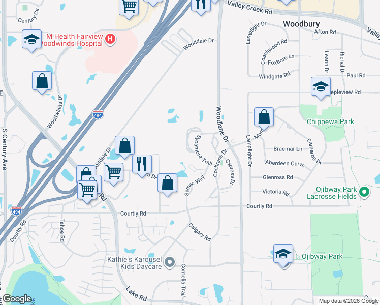 map of restaurants, bars, coffee shops, grocery stores, and more near 2252 Hemlock Boulevard in Woodbury