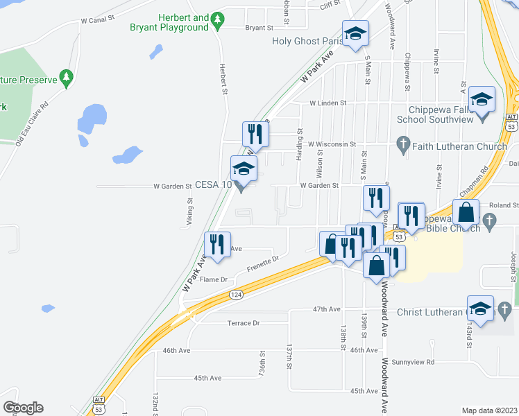 map of restaurants, bars, coffee shops, grocery stores, and more near 815 West Park Avenue in Chippewa Falls