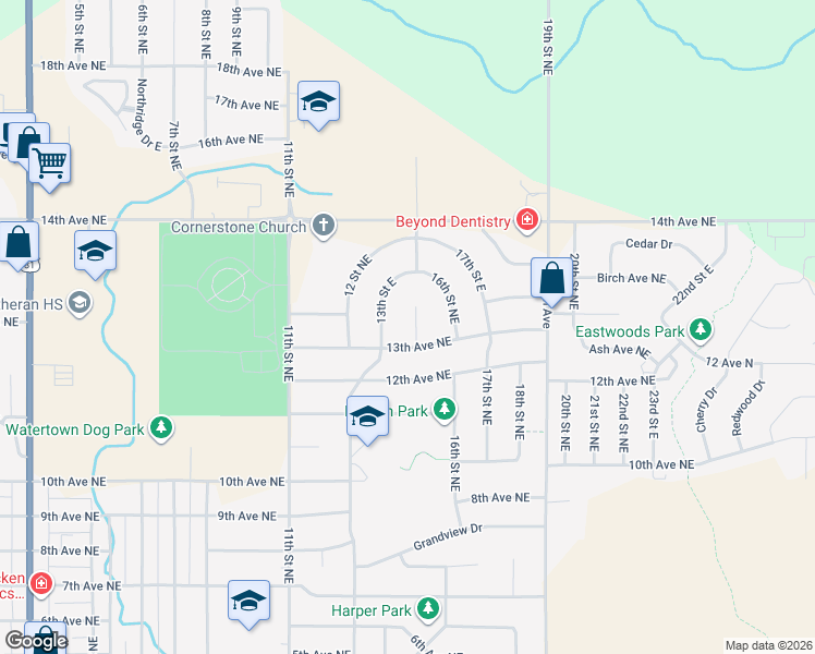 map of restaurants, bars, coffee shops, grocery stores, and more near 1307 15th Street Circle in Watertown