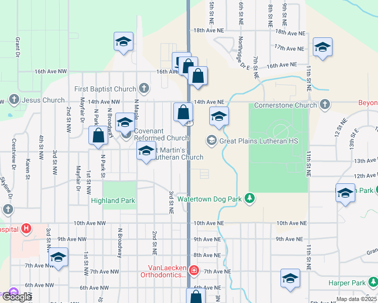 map of restaurants, bars, coffee shops, grocery stores, and more near 1198 4th Street Northeast in Watertown