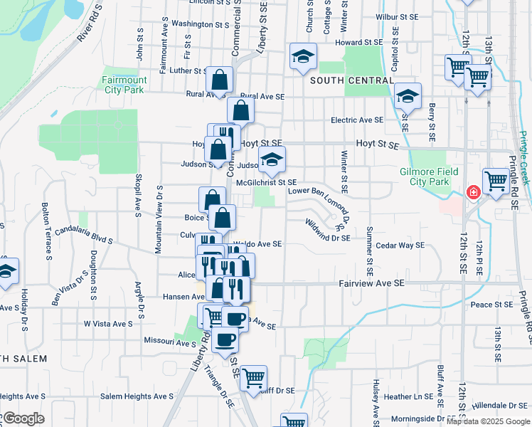 map of restaurants, bars, coffee shops, grocery stores, and more near 2635 High Street Southeast in Salem