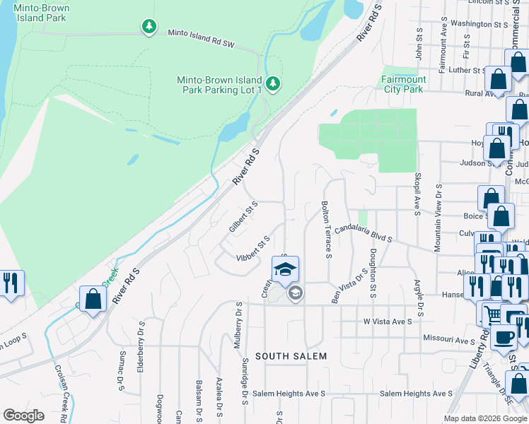 map of restaurants, bars, coffee shops, grocery stores, and more near 2626 Gilbert Street South in Salem