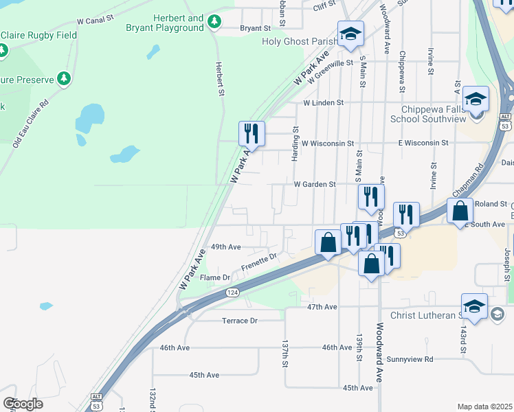 map of restaurants, bars, coffee shops, grocery stores, and more near 815 West Park Avenue in Chippewa Falls