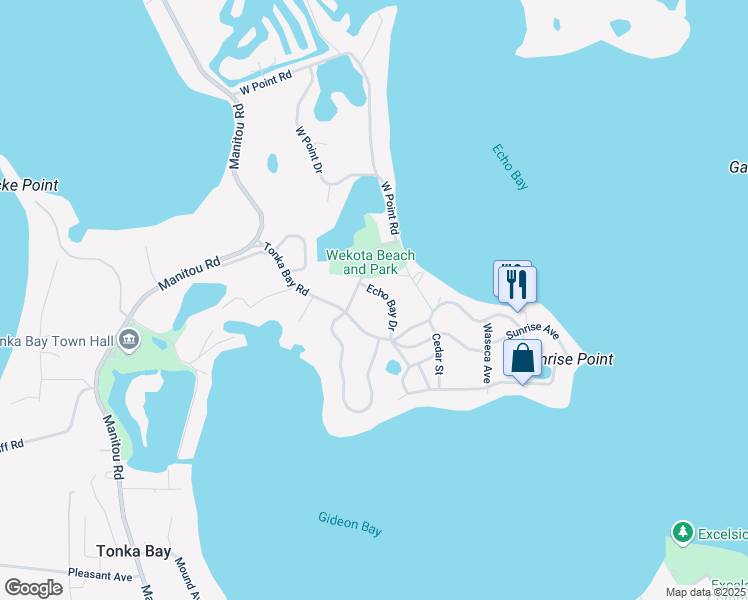 map of restaurants, bars, coffee shops, grocery stores, and more near 60 Echo Bay Drive in Excelsior