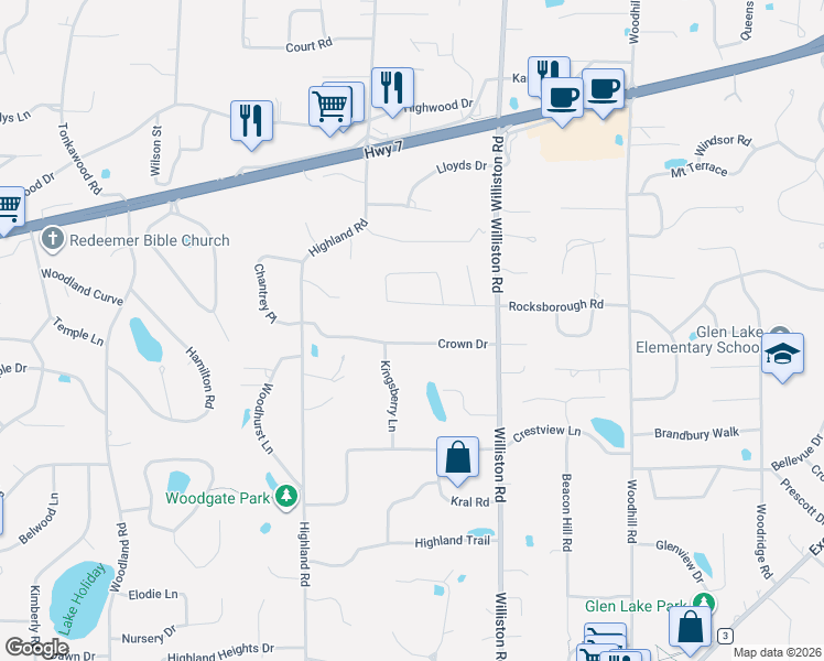 map of restaurants, bars, coffee shops, grocery stores, and more near 15008 Crown Drive in Minnetonka