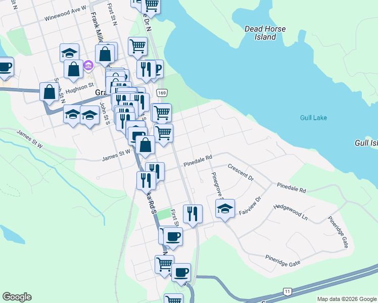 map of restaurants, bars, coffee shops, grocery stores, and more near in Gravenhurst
