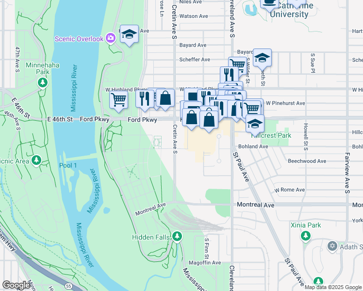 map of restaurants, bars, coffee shops, grocery stores, and more near 830 Cretin Avenue South in Saint Paul