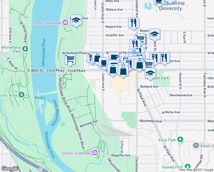 map of restaurants, bars, coffee shops, grocery stores, and more near 830 Cretin Avenue South in Saint Paul