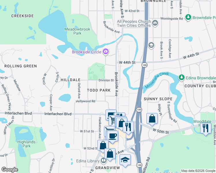 map of restaurants, bars, coffee shops, grocery stores, and more near 4521 Rutledge Avenue in Minneapolis