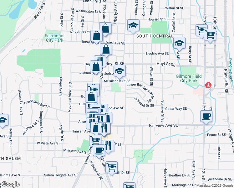 map of restaurants, bars, coffee shops, grocery stores, and more near 2635 High Street Southeast in Salem