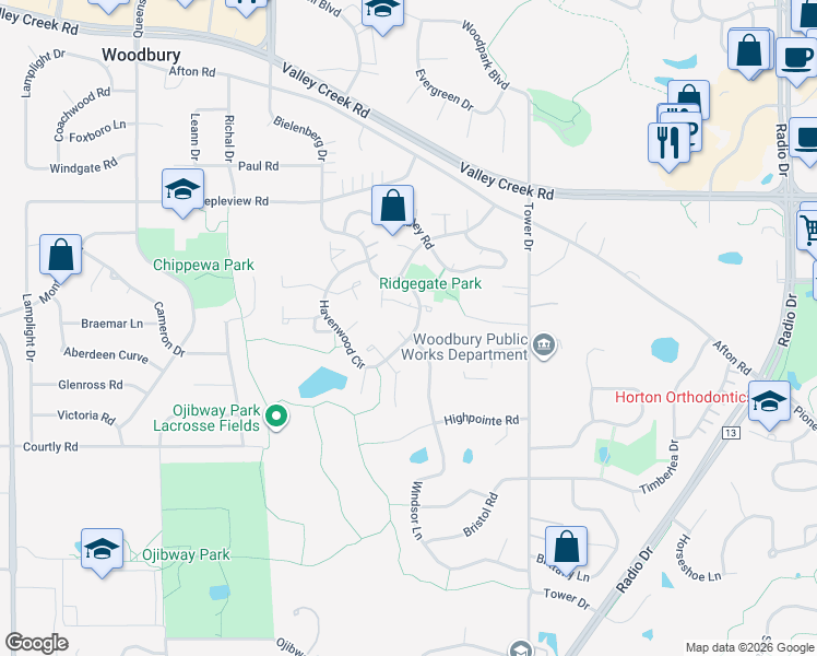 map of restaurants, bars, coffee shops, grocery stores, and more near 2297 Caulfield Plaza in Woodbury