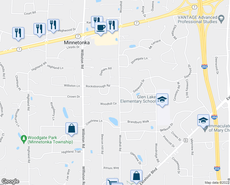 map of restaurants, bars, coffee shops, grocery stores, and more near 4812 Woodhill Road in Minnetonka